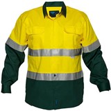PRIME MOVER MA801 COTTON DRILL SHIRT LONG SLEEVE LIGHTWEIGHT WITH TAPE 2TONE YELLOW GREEN MEDIUM